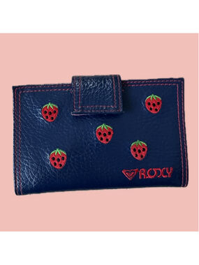 Vintage Y2K Roxy Strawberry Wallet Navy Embroidered Bifold Surf Girl